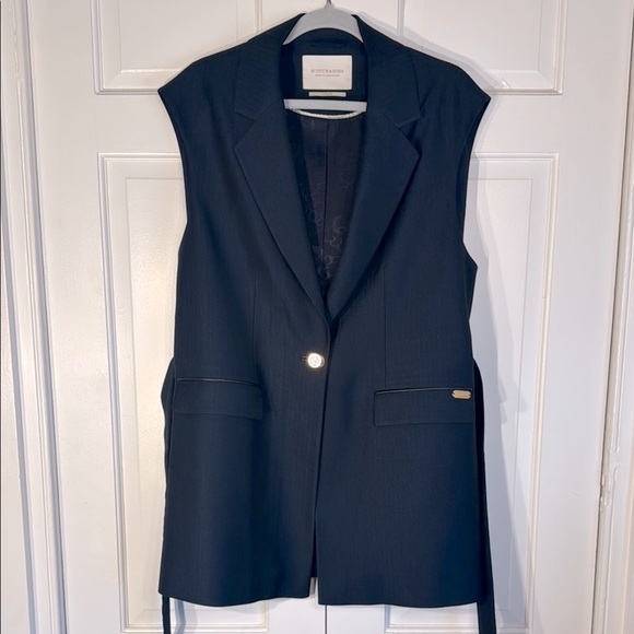 New Scotch & Soda Navy Herringbone Long Men’s Wear Vest with Gold and Belt - Picture 8 of 16